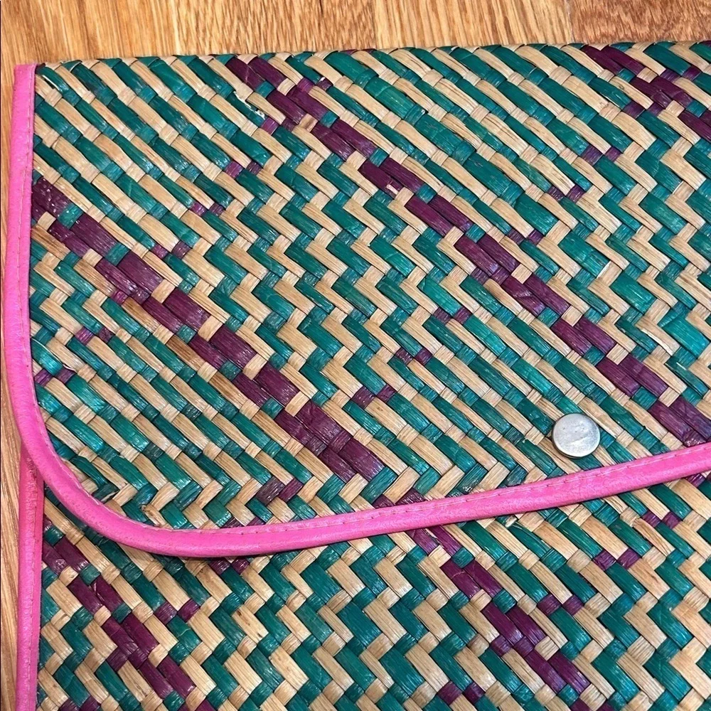 vintage mayan Woven wicker Clutch and Wallet Set Pink Trim purple green bundle